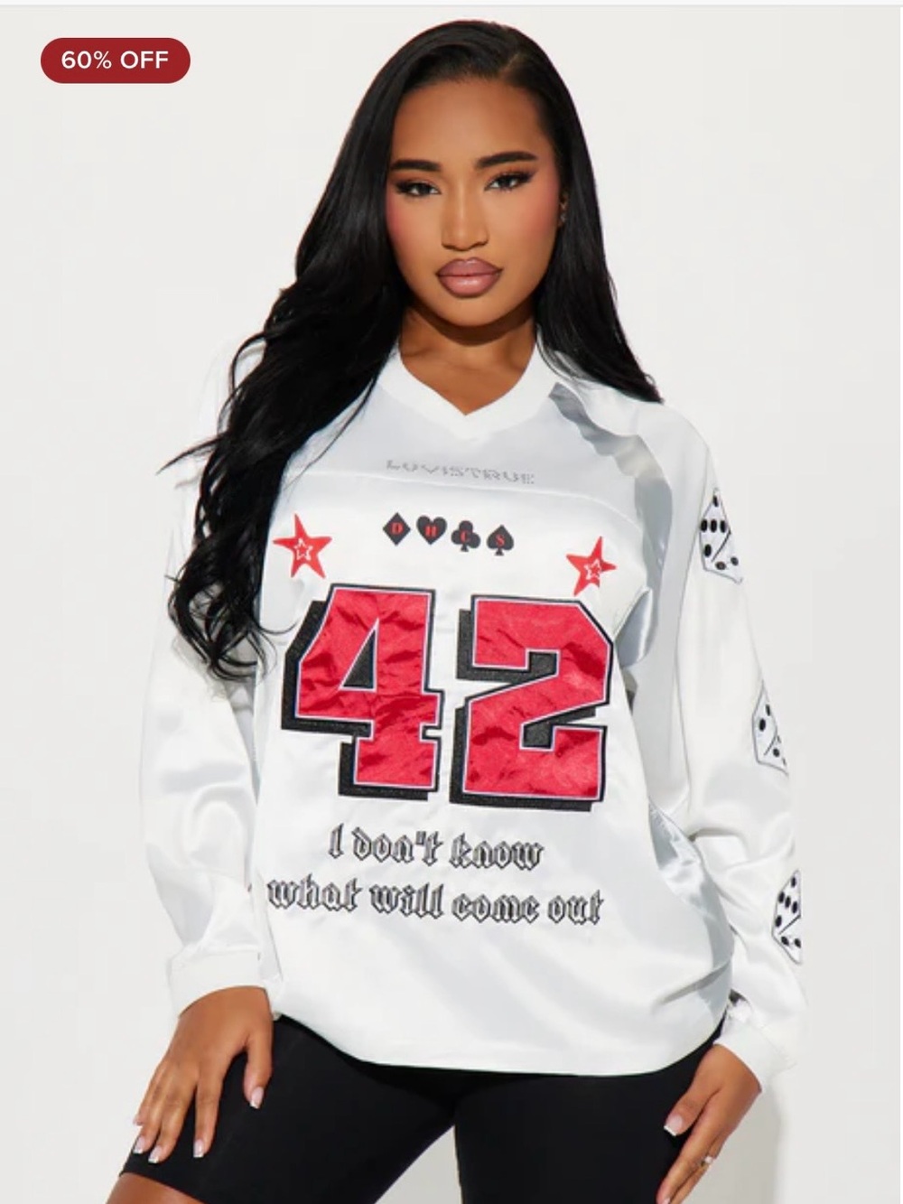 Fashion Nova White Satin Jersey with Red '42' Graphic